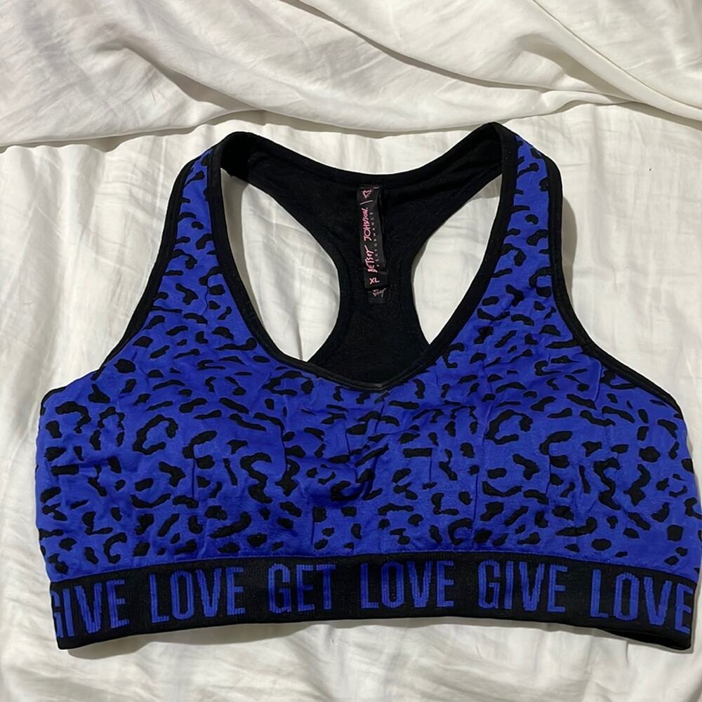 Betsey Johnson XL royal blue black racer back sports bra removable pads EUC